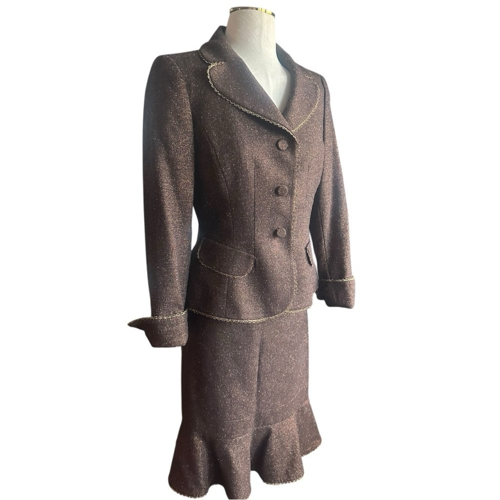 Nipon Boutique Bronze Metallic Tweed Skirt Suit Set Wool Blend Size 4 - Picture 3 of 11